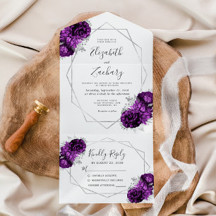 Invitation Tout En Un Mariage Géométrique Floral Argenté Blanc Prune