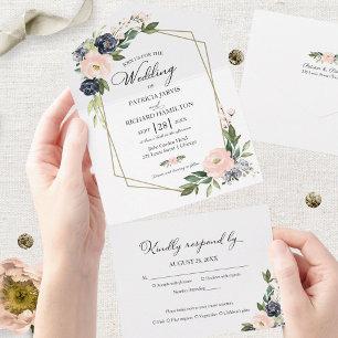 Invitation Tout En Un Mariage Géométrique Floral Bleu Rose Délicat