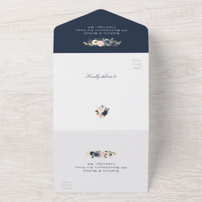 Invitation Tout En Un Mariage géométrique floral et bleu (Dehors)