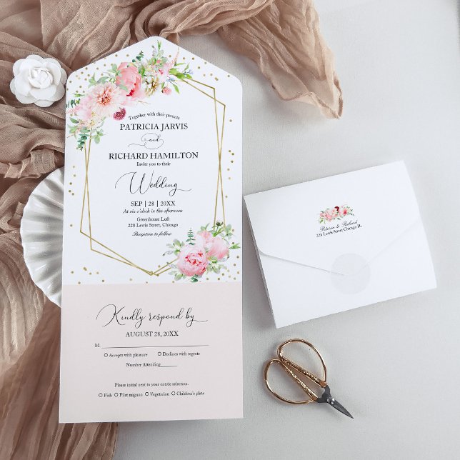 Invitation Tout En Un Mariage géométrique floral rose pâle (Créateur téléchargé)