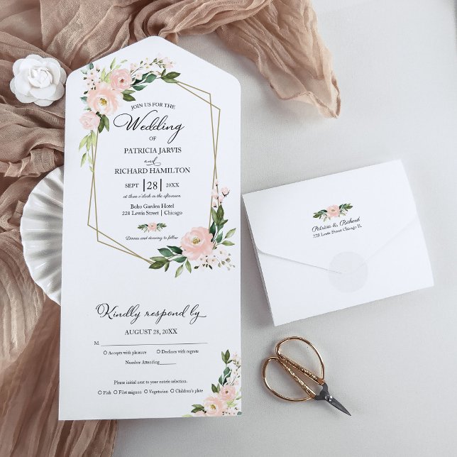 Invitation Tout En Un Mariage géométrique floral rose pâle (Créateur téléchargé)