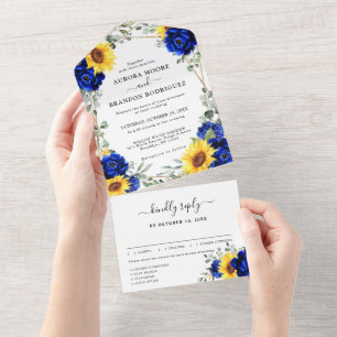 Invitation Tout En Un Mariage géométrique Royal Blue Rustic Sunflower