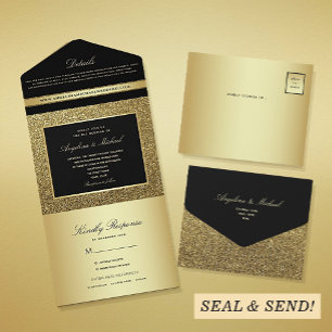 Invitation Tout En Un Mariage Glamour Noir et Or