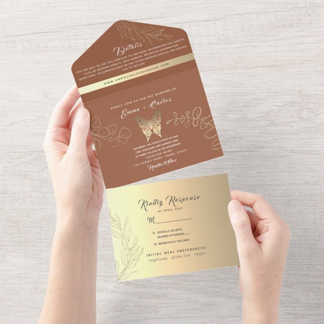 Invitation Tout En Un Mariage Gold Boho Terracotta (Déchirure)