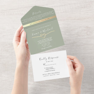 Invitation Tout En Un Mariage Gold et Sage Green