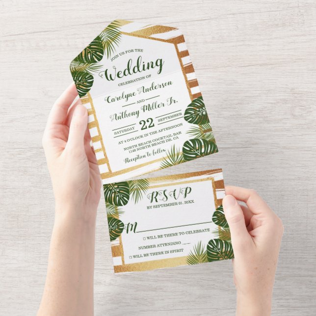 Invitation Tout En Un Mariage Gold Foil & Green Palm Leaf Beach (Déchirure)