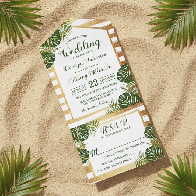 Invitation Tout En Un Mariage Gold Foil & Green Palm Leaf Beach (Créateur téléchargé)