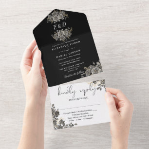 Invitation Tout En Un Mariage gothique à motif floral noir et blanc avec