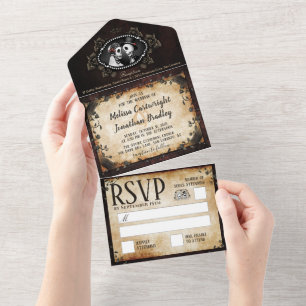 Invitation Tout En Un Mariage gothique élégant marron de squelettes