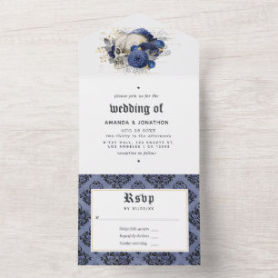 Invitation Tout En Un Mariage gothique floral bleu marine et or