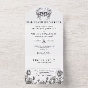 Invitation Tout En Un Mariage gothique floral crânes jusqu'à la mort