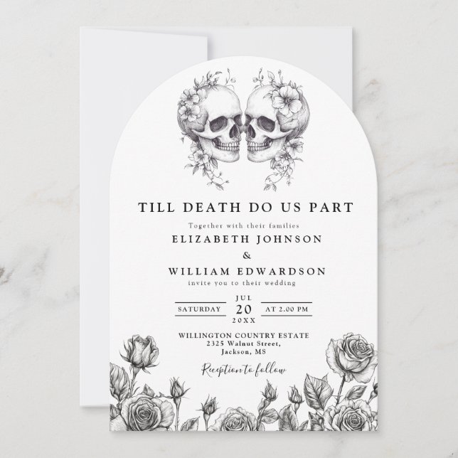 Invitation Tout en un Mariage gothique noir et blanc (Devant)