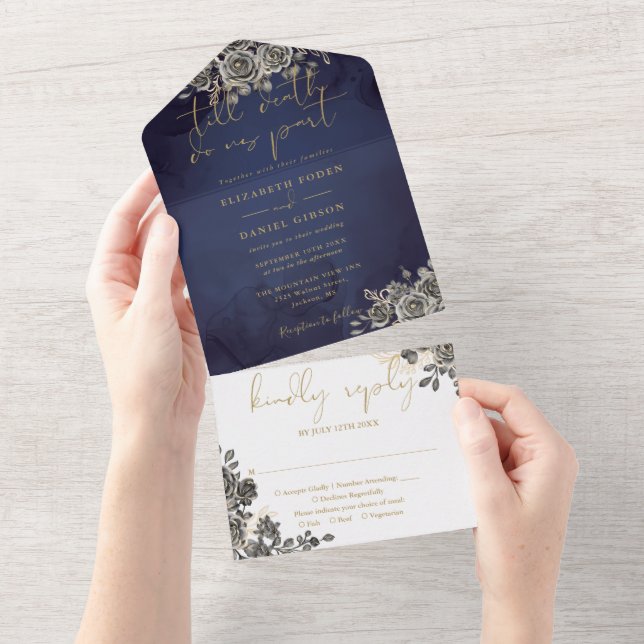 Invitation Tout En Un Mariage gothique Rose Floral Gold Script (Déchirure)