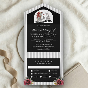 Invitation Tout En Un Mariage gothique Roses Squelette Couple Noir