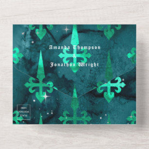 Invitation Tout En Un Mariage gothique turquoise et or Floral