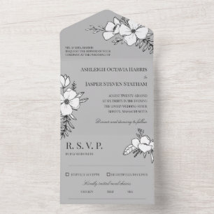 Invitation Tout En Un Mariage Gris et blanc de jolies fleurs
