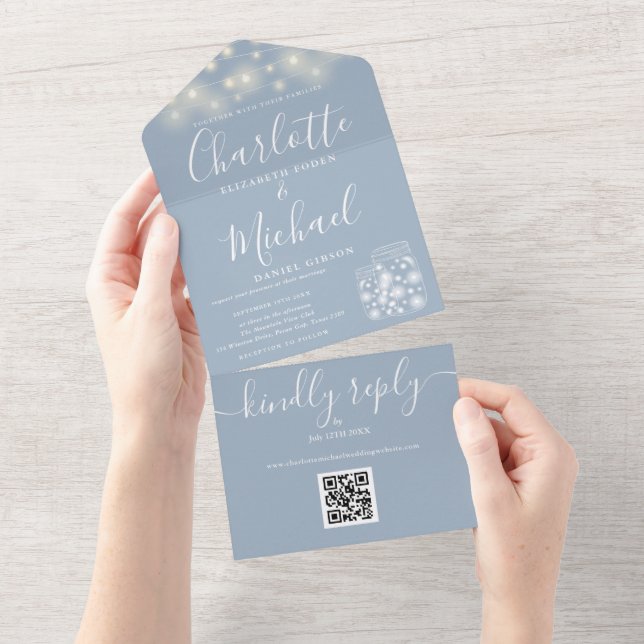 Invitation Tout En Un Mariage Guirlande de Ficelle Jars de Maçon Code QR (Déchirure)
