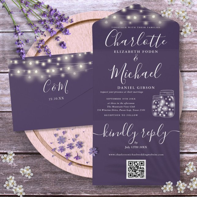 Invitation Tout En Un Mariage Guirlande de Fleurs en Jarres de Maçon Cod (Purple QR Code Mason Jars String Light Wedding All In One Invitation)