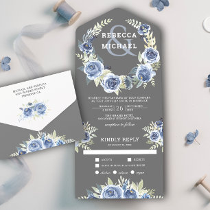 Invitation Tout En Un Mariage Guirlande de Rose Florale Bleue Grise Pous