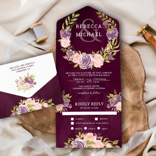 Invitation Tout En Un Mariage Guirlande Florale Rose Blush Violet Prune