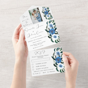 Invitation Tout En Un Mariage hivernal avec photo florale bleu marine