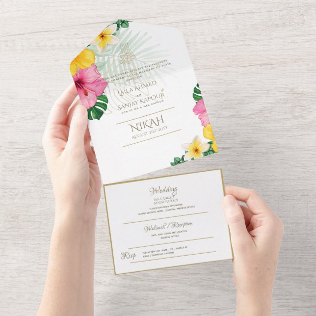 Invitation Tout En Un Mariage islamique NIKAH WALLIMAH Feuilles tropicau (Déchirure)