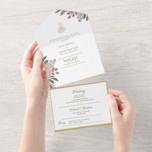Invitation Tout En Un Mariage islamique NIKAH WALLIMAH Gold Floral tout
