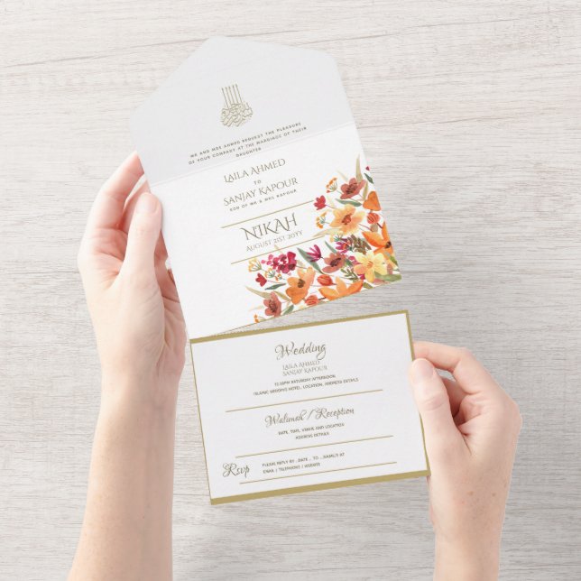 Invitation Tout En Un Mariage islamique NIKAH WALLIMAH Gold Floral tout  (Déchirure)