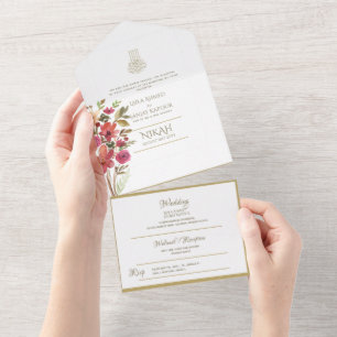 Invitation Tout En Un Mariage islamique NIKAH WALLIMAH Gold Floral tout