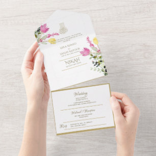 Invitation Tout En Un Mariage islamique NIKAH WALLIMAH Gold Floral tout