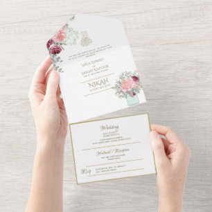 Invitation Tout En Un Mariage islamique NIKAH WALLIMAH Gold Floral tout