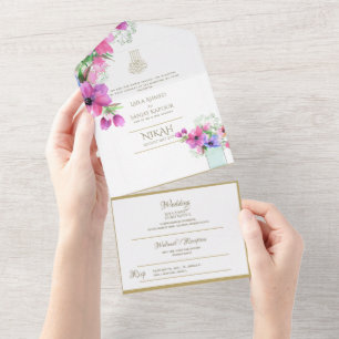 Invitation Tout En Un Mariage islamique NIKAH WALLIMAH Gold Floral tout