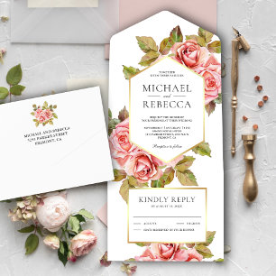 Invitation Tout En Un Mariage Jardin Botanique de Roses Péches Rustique 