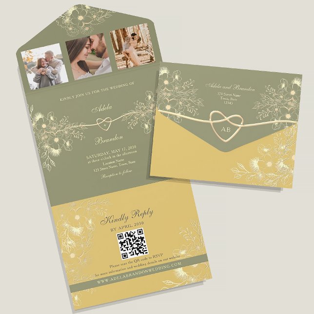 Invitation Tout En Un Mariage jaune et vert sage (Créateur téléchargé)