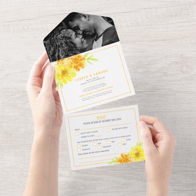 Invitation Tout En Un Mariage jaune marigold fleurs aquarelle (Déchirure)