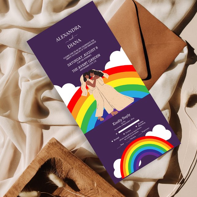 Invitation Tout En Un Mariage lesbien Rainbow moderne à deux mariées LGB (Créateur téléchargé)