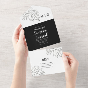 Invitation Tout En Un Mariage Ligne Double Feuille Monstera Noir Blanc