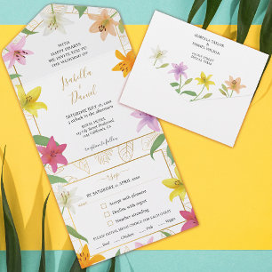 Invitation Tout En Un Mariage Lily Tropical Blanc et Or