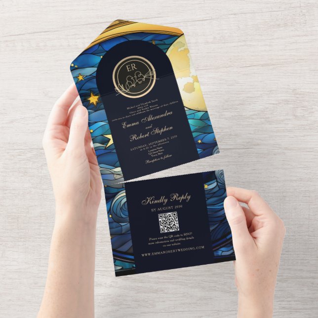 Invitation Tout En Un Mariage Lune Céleste et Étoiles (Déchirure)