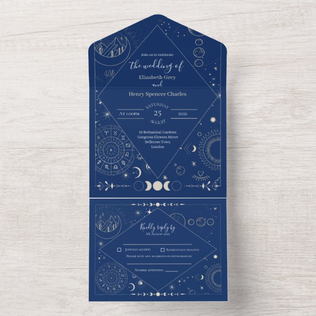 Invitation Tout En Un mariage lune soleil étoiles constellations (À l'intérieur)