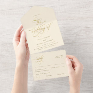 Invitation Tout En Un Mariage Luxueux Calligraphie Crème et Or