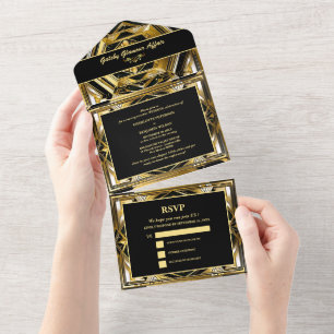 Invitation Tout En Un Mariage Luxueux Noir & Or Gatsby Art Déco des Anné