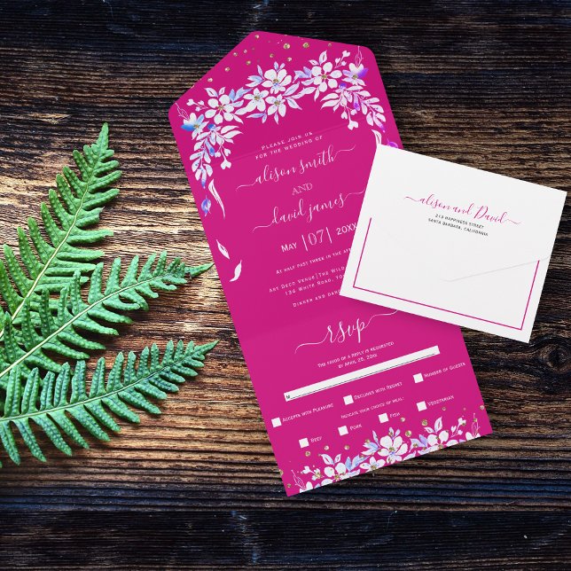 Invitation Tout En Un Mariage magenta de la guirlande à fleurs blanches (Créateur téléchargé)