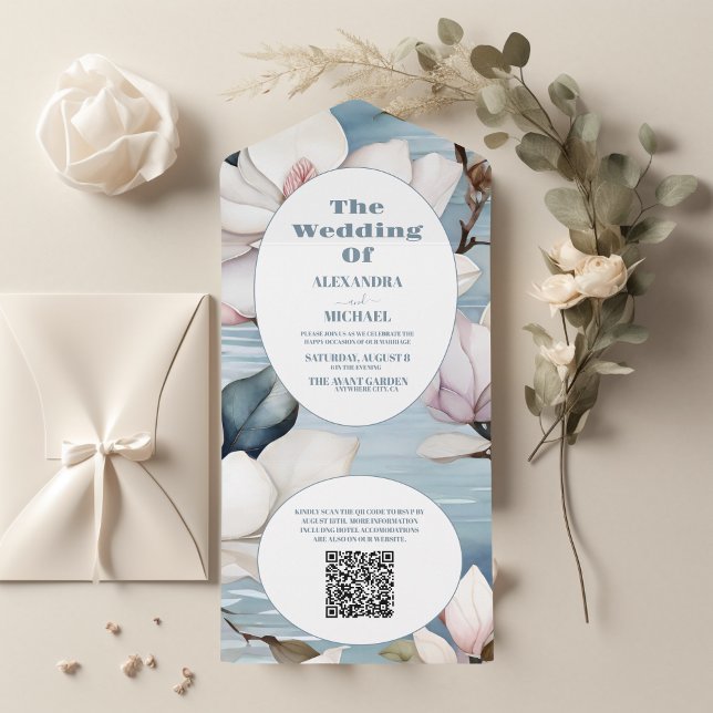 Invitation Tout En Un Mariage Magnolia élégant du code QR (Créateur téléchargé)