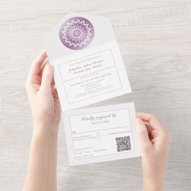 Invitation Tout En Un Mariage Mandala à Dentelle Rose (Déchirure)