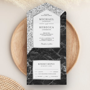 Invitation Tout En Un Mariage Marbre Noir Paillettes Blanches et Argenté