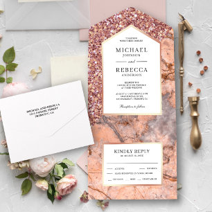 Invitation Tout En Un Mariage Marbre Rose et Or Blanc Pailleté