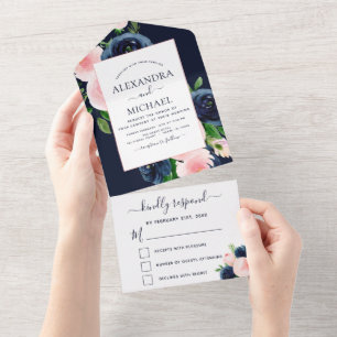 Invitation Tout En Un Mariage Marine bleu bleu rose floral RSVP