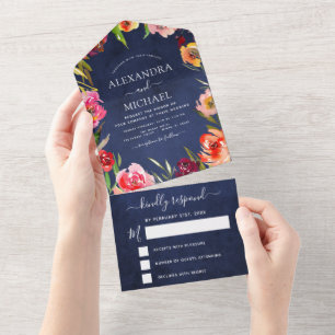Invitation Tout En Un Mariage Marine Bleu Floral Elegant Aquarelle RSVP