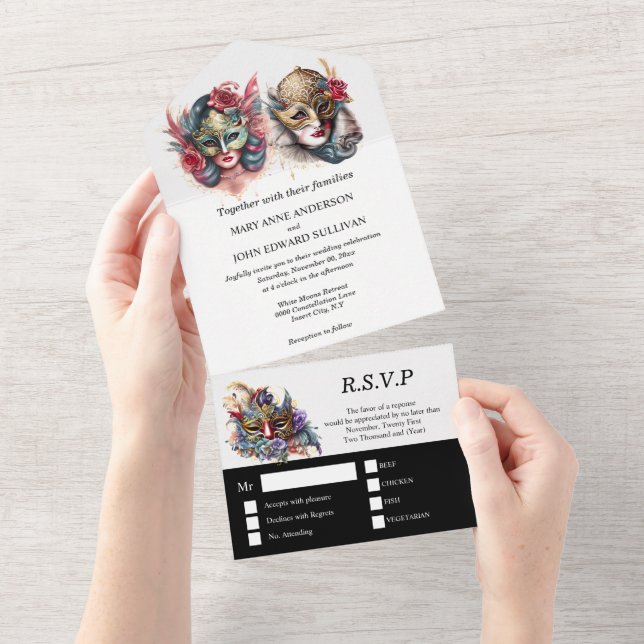 Invitation Tout En Un Mariage Masquerade | masques vénitiens mariés (Déchirure)